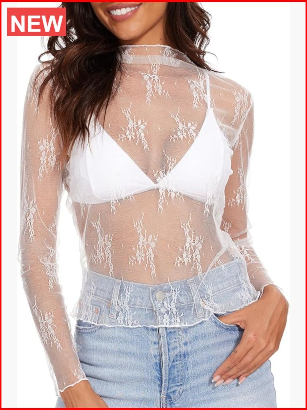 Mesh Long Sleeve Top Mock Neck Floral Lace Layering Blouse